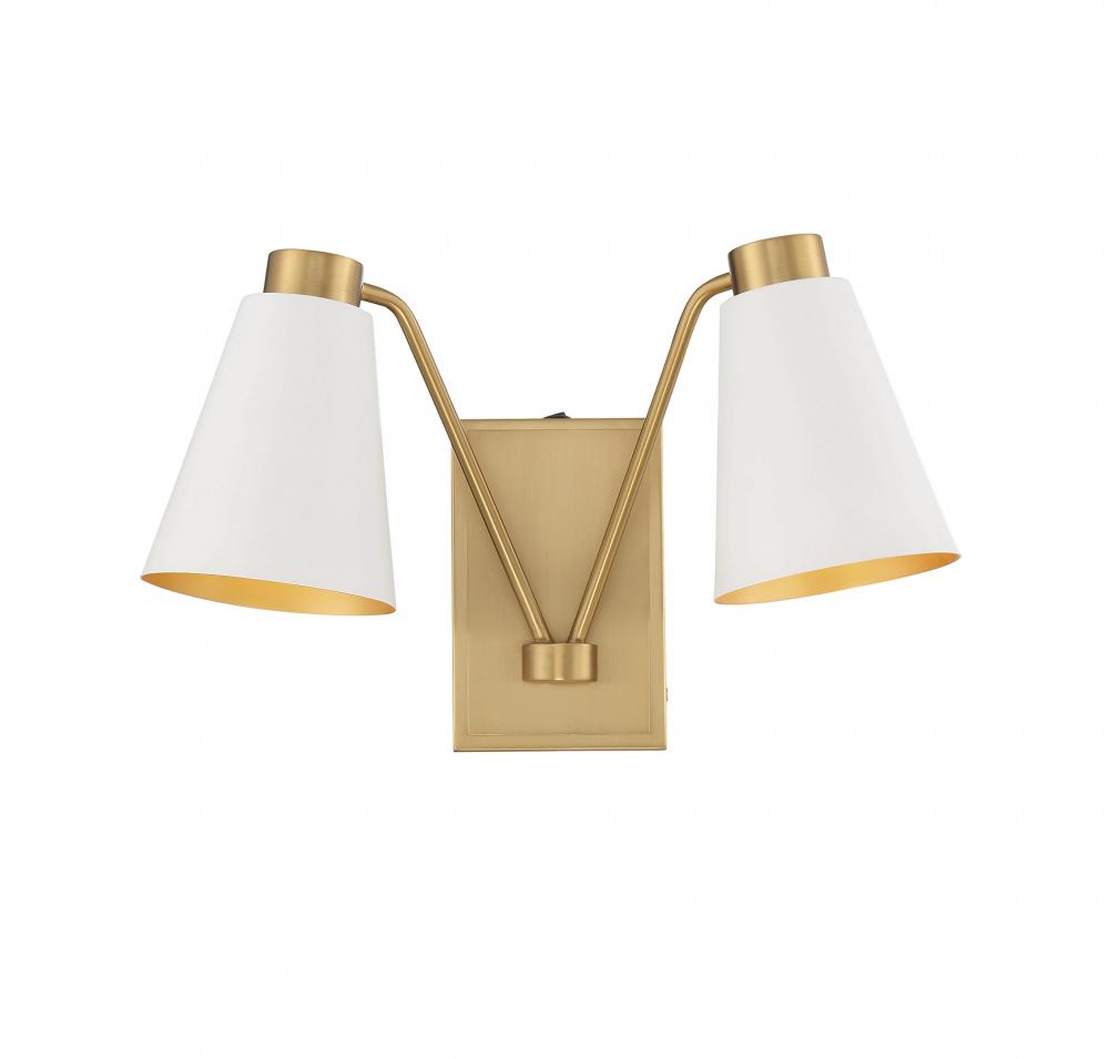 2-Light Wall Sconce in White with Natural Brass